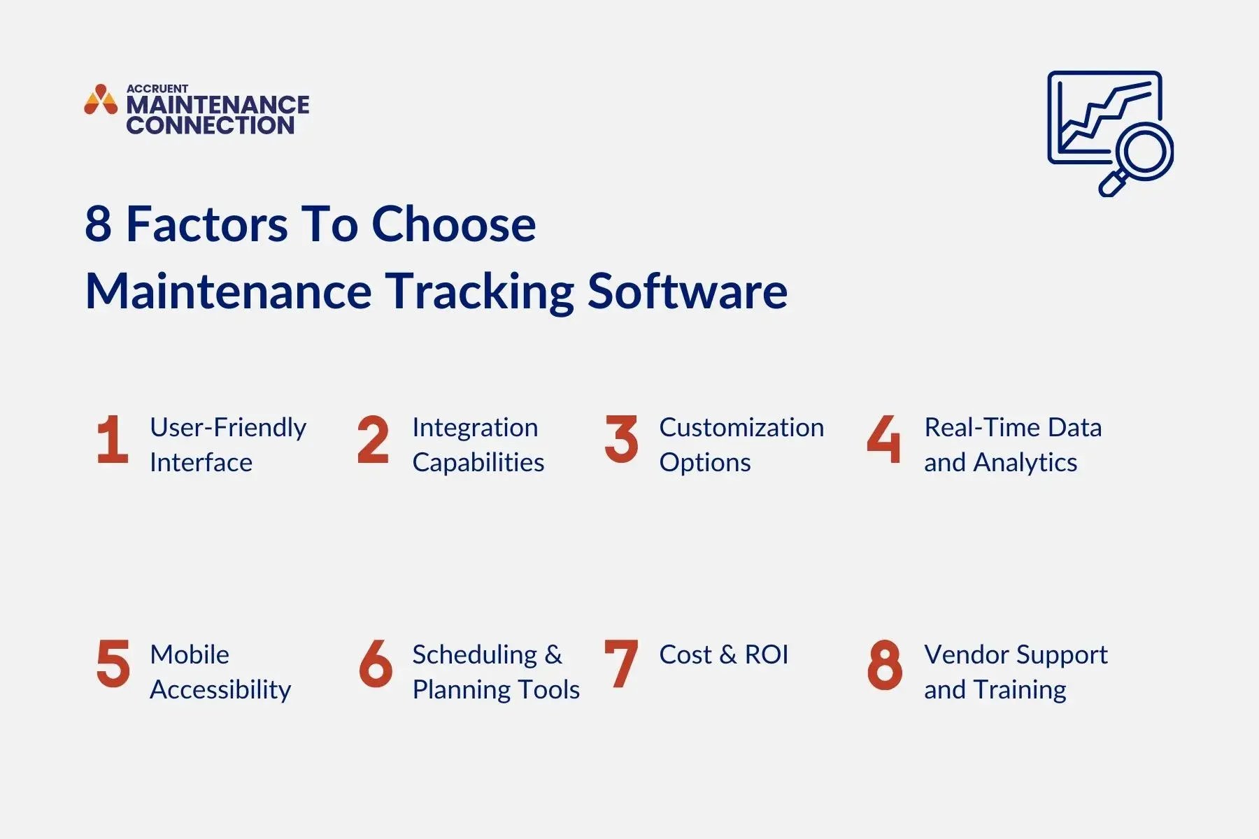 An illustration of 8 factors to choose maintenance tracking software