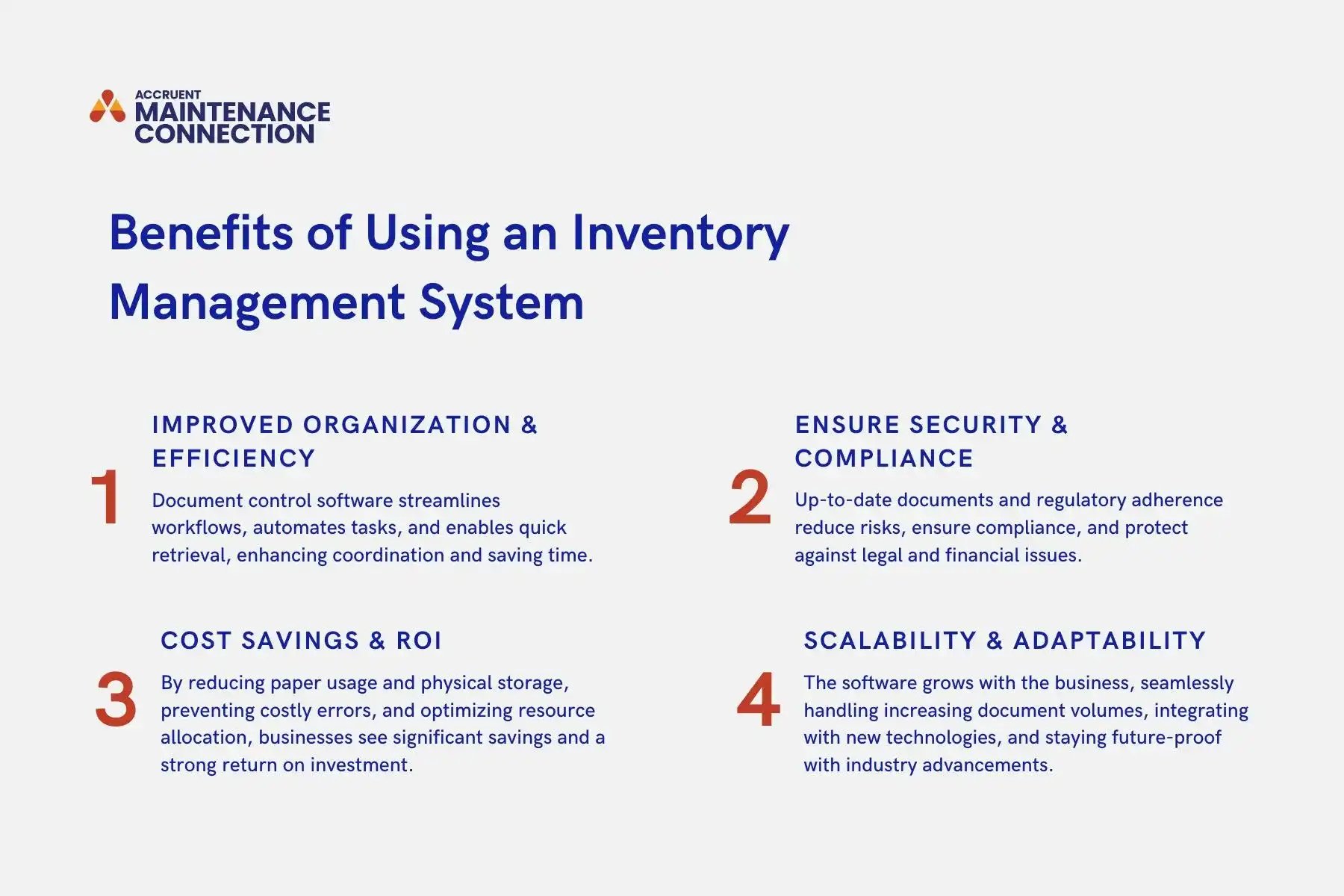 A graphic illustrating 4 benefits of using an inventory management system, including improved organization and efficiency, ensuring security and compliance, cost savings and ROI, and scalability and adaptability.