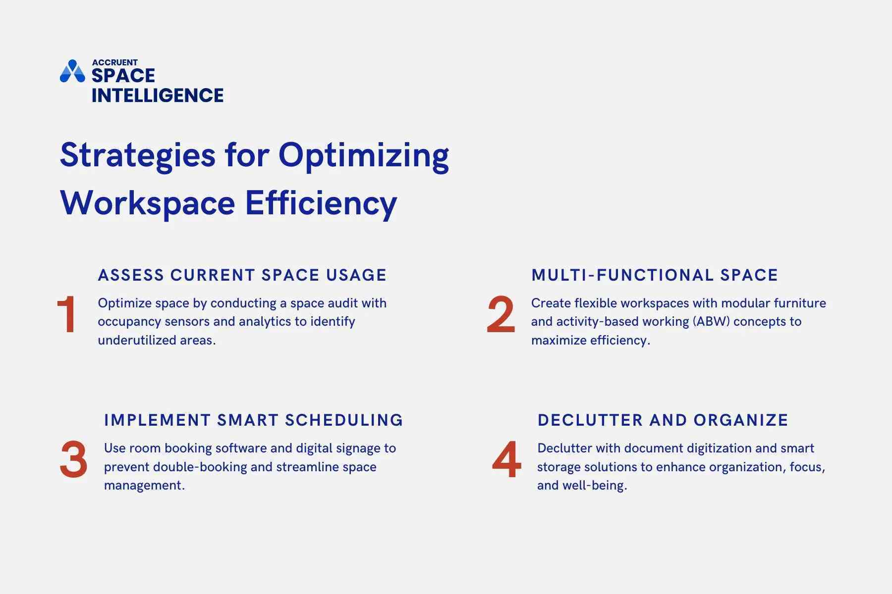 A graphic showing four best practices for space optimization. The four best practices include declutter and organize, smart scheduling, space usage analytics, and flexibility.