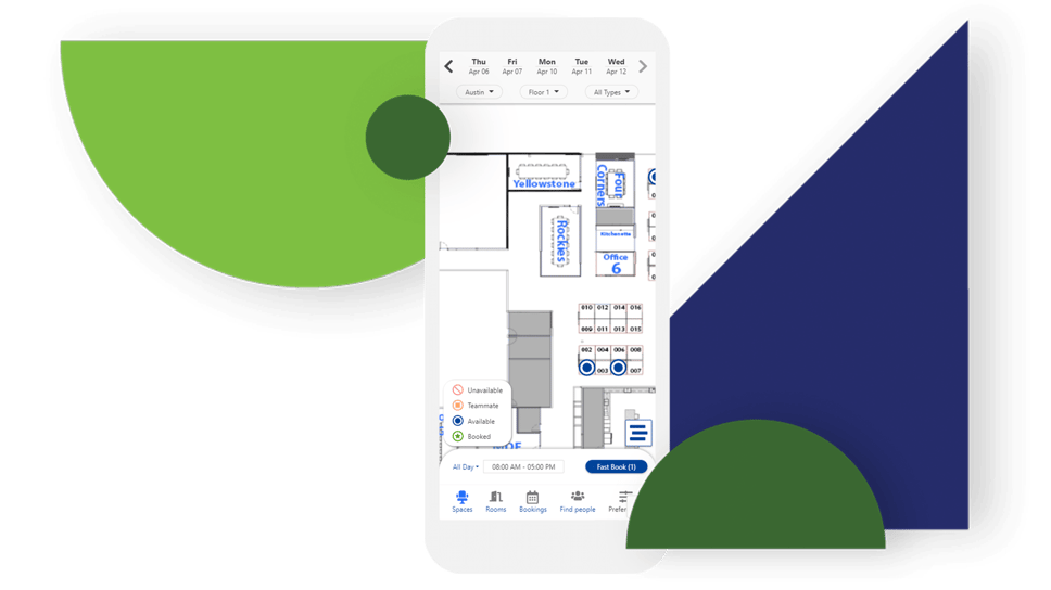 Screenshot of EMS Flex showing map of reservable workspaces at the hybrid office