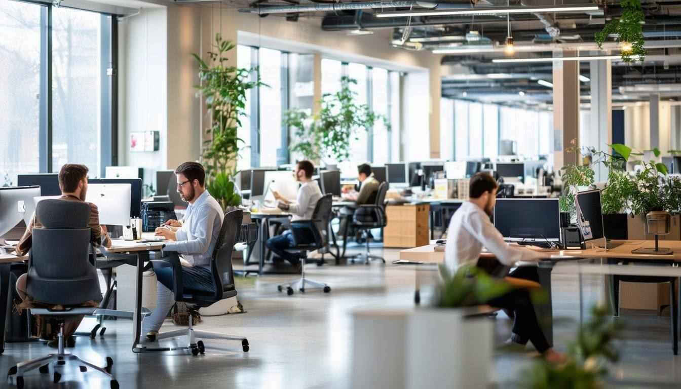 An image of a modern office space with employees working at various desks, some sitting together collaborating, others working individually.