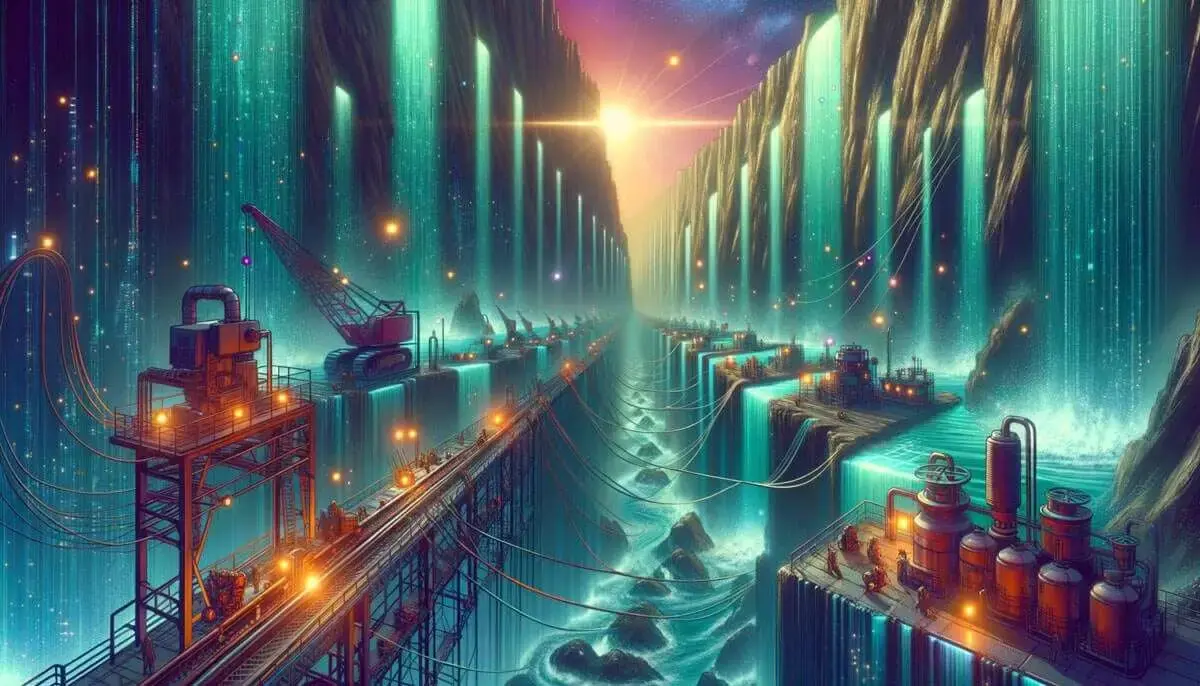 Futuristic industrial landscape with waterfalls