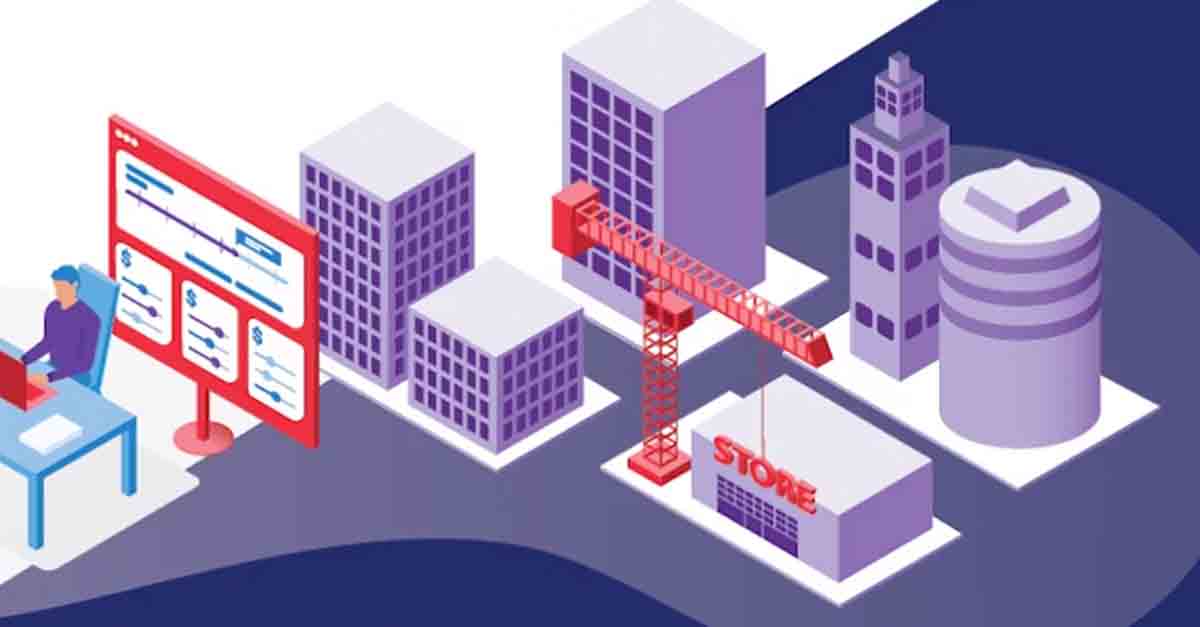 Illustration of a construction site in a city with buildings and a crane