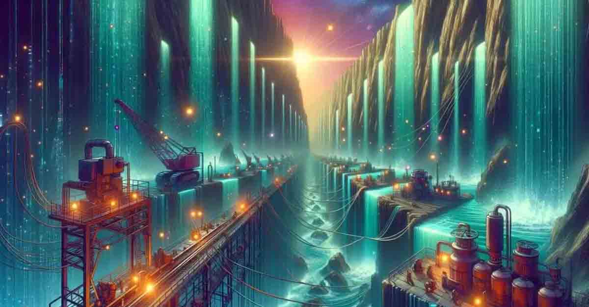 Futuristic industrial landscape with waterfalls