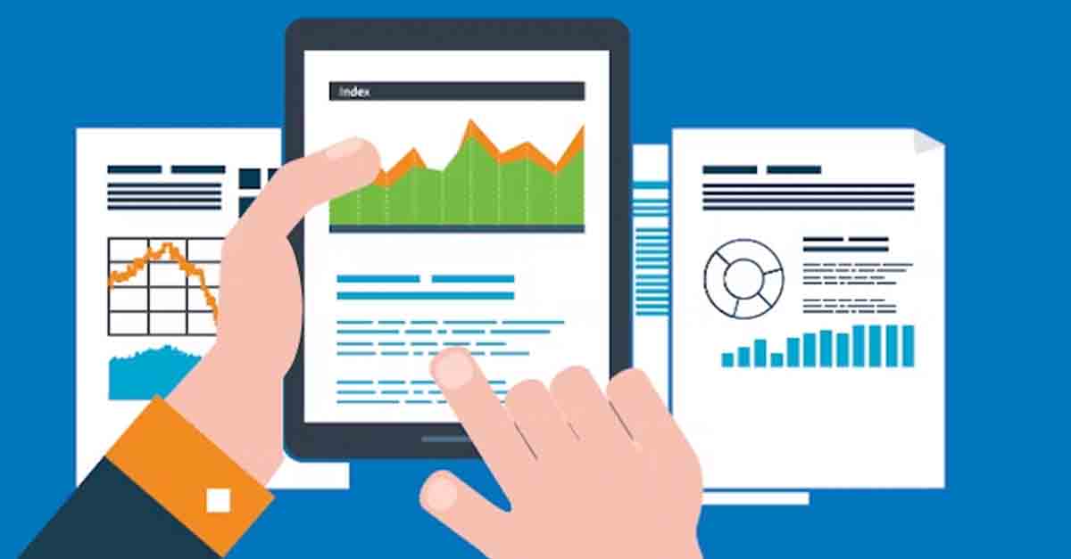 Illustration of hands using a tablet to view charts and graphs