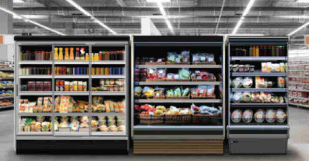 Refrigerated display shelves in a grocery store