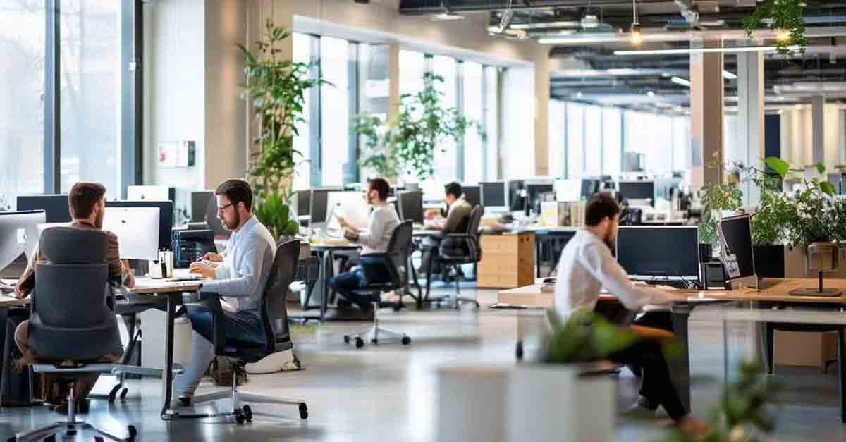 An image of a modern office space with employees working at various desks, some sitting together collaborating, others working individually.