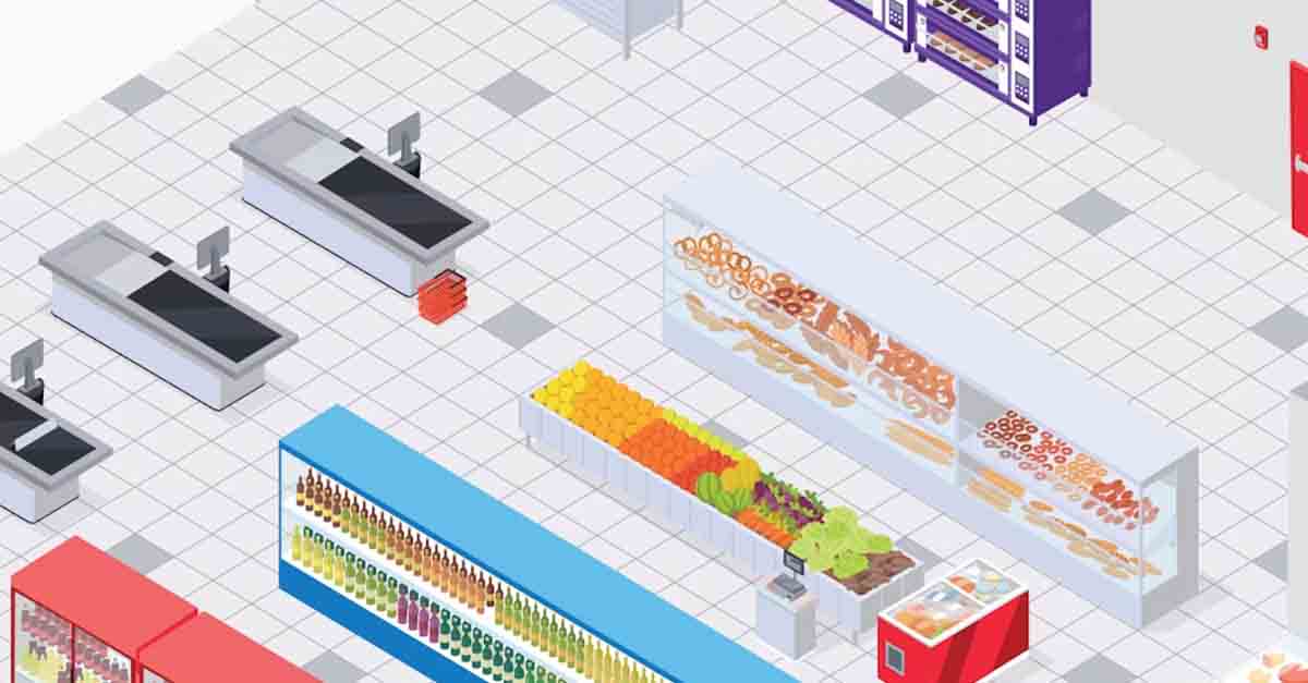 Isometric illustration of a supermarket interior