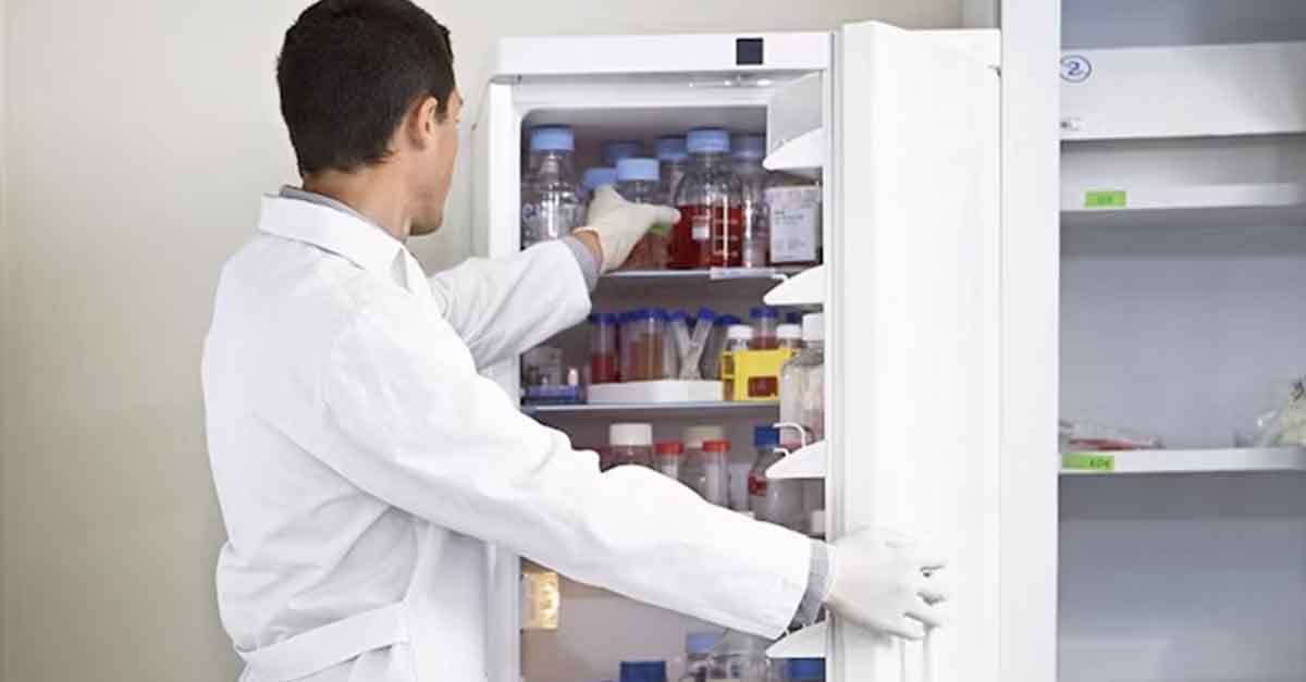 A scientist retrieving samples from a laboratory refrigerator