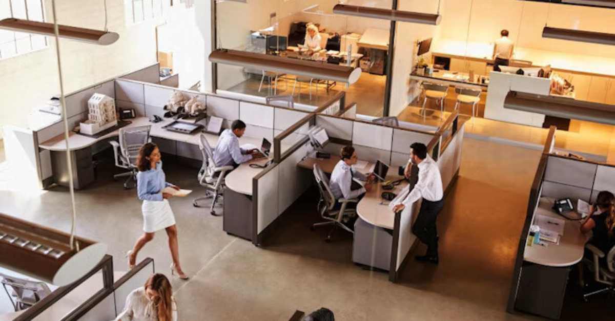 An open office space with employees working at their desks in cubicles, while others walk around or engage in conversations