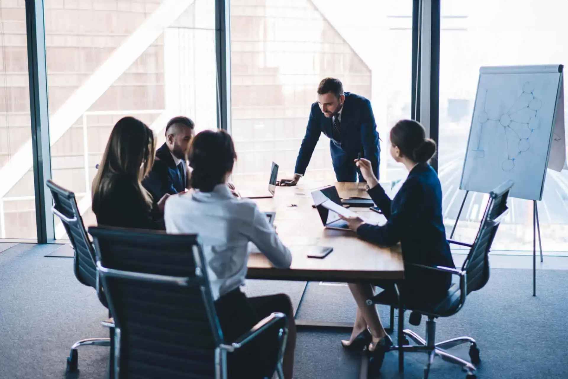 Five business professionals in a conference room engaged in a meeting on Market Planning and Site Selection Software