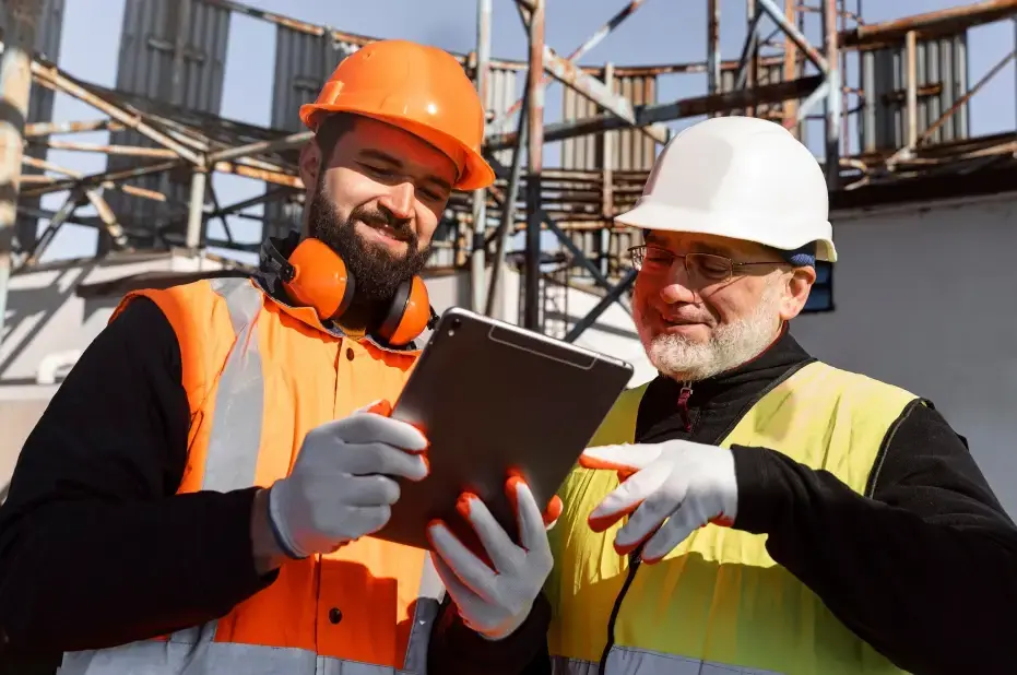 Two construction workers discussing construction project management software on a tablet